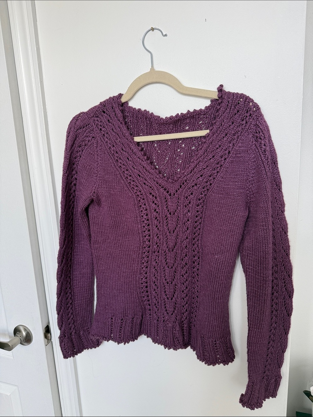 Purple Cable-Knit V-Neck Women's Sweater